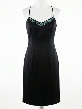 Ann Taylor 100% Silk Black Slip Dress with Blue Floral Embroidery Size 6